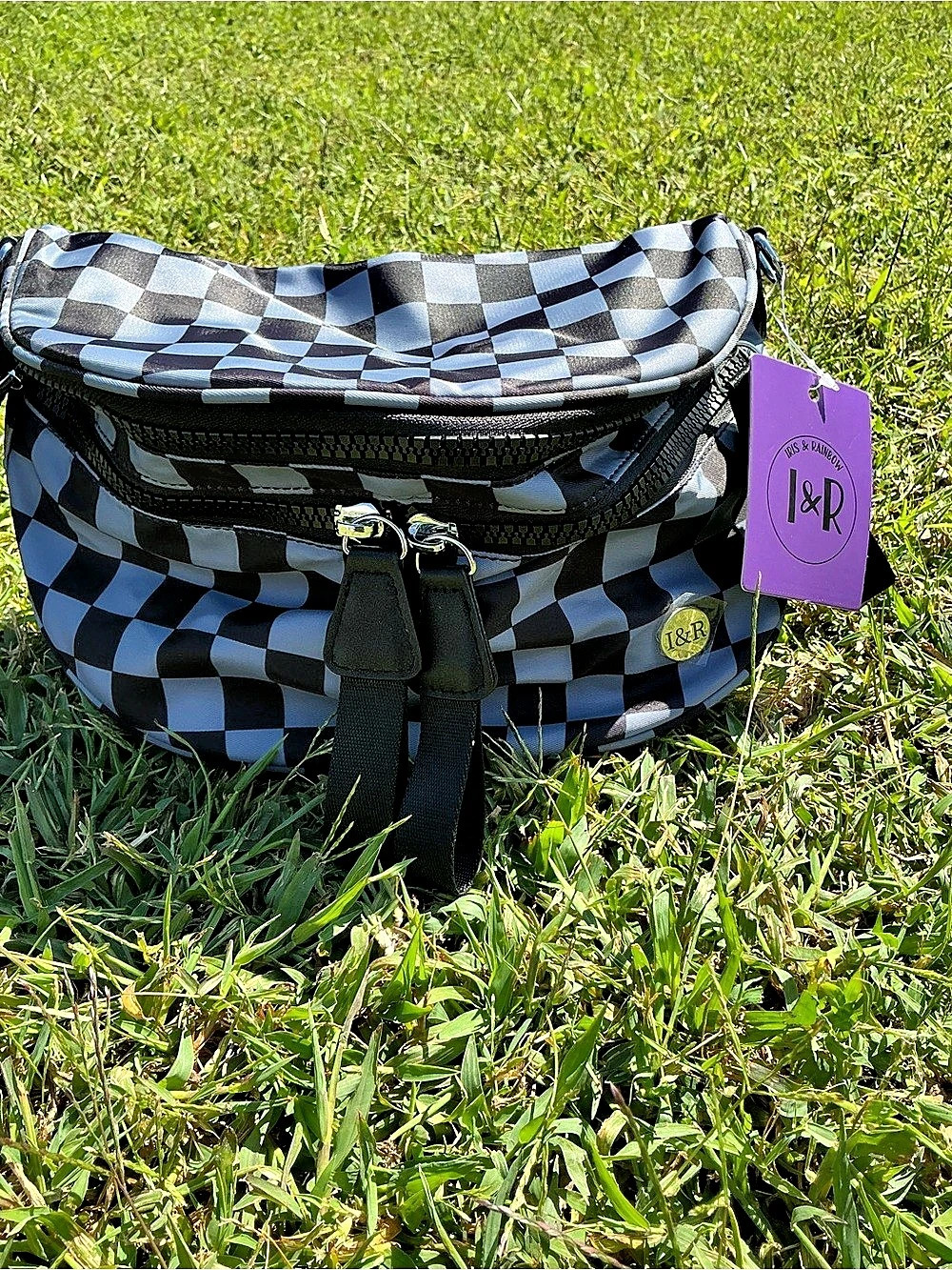 L&R Checkered Crossbody Bag in Black & Blue NWT